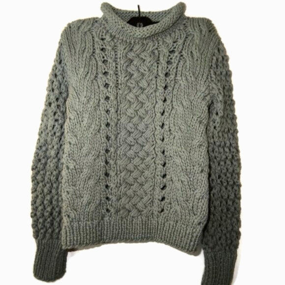 ADAM Long Sleeve Crewneck Chunky Knit Cotton Crop Sweater Color Aqua Siz…